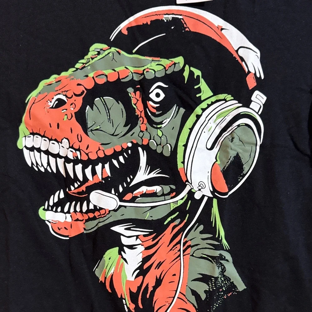Children's Place Kids M Black T-Shirt with Dinosaur Headphones Graphic